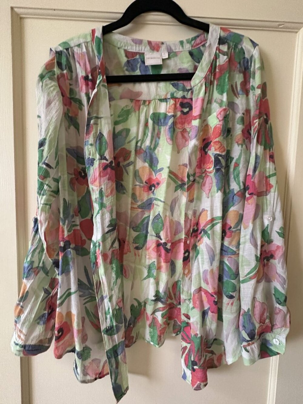 Zac & Rachel Womens Large Floral Tunic Blouse Pink Coral Button Down Top